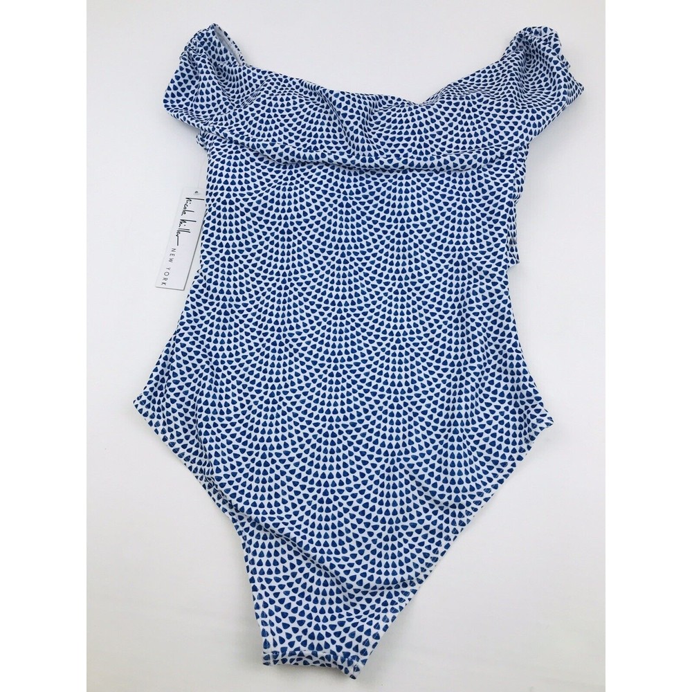 Nicole Miller One Piece Swim Suit Off Shoulders White Blue Size Large - Picture 2 of 5